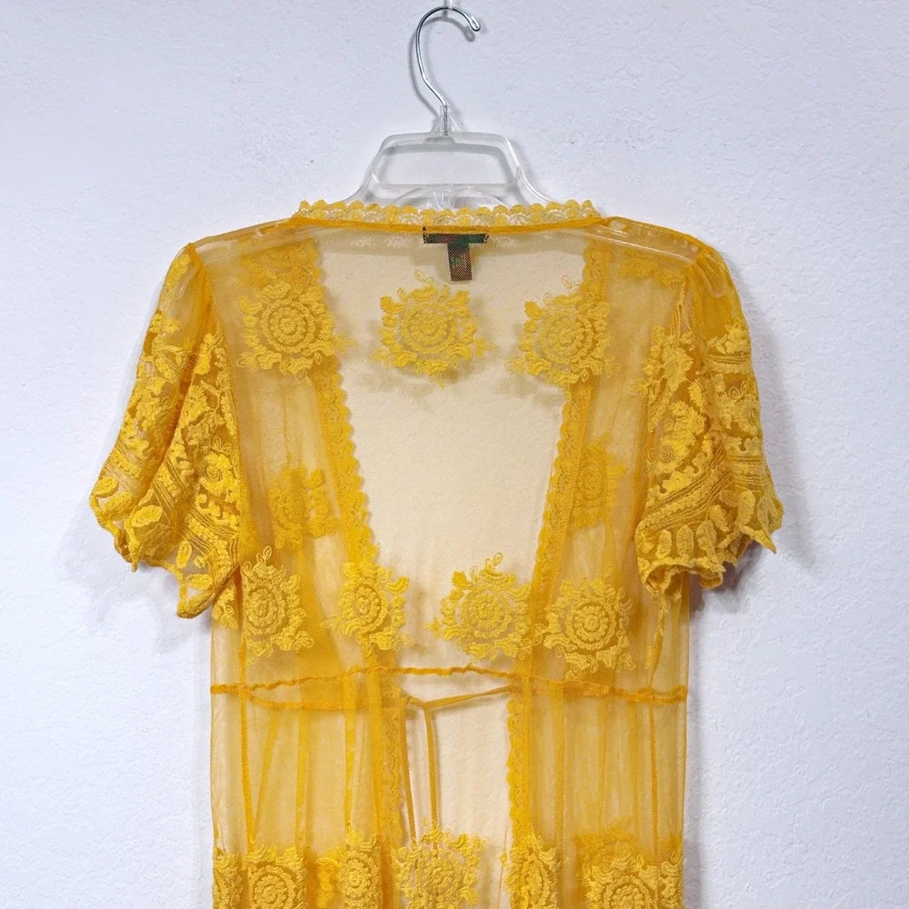 Aqua Sheer Lace Maxi Cardigan Boho Whimsigoth Coquette Festival‎ Yellow Women M